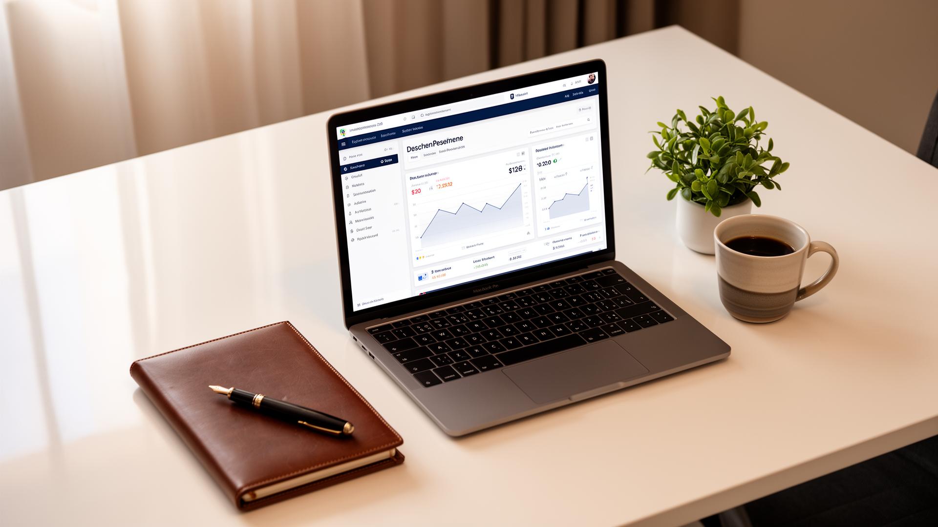 Sunlit modern desk with laptop showing a financial dashboard, leather notebook, and ceramic coffee cup