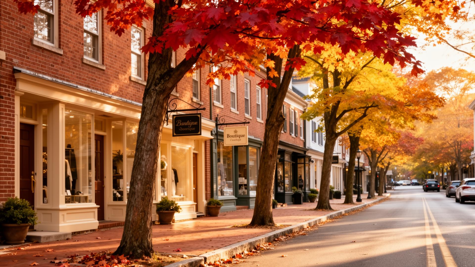 Historic downtown street in Fairfield County, Connecticut at golden hour